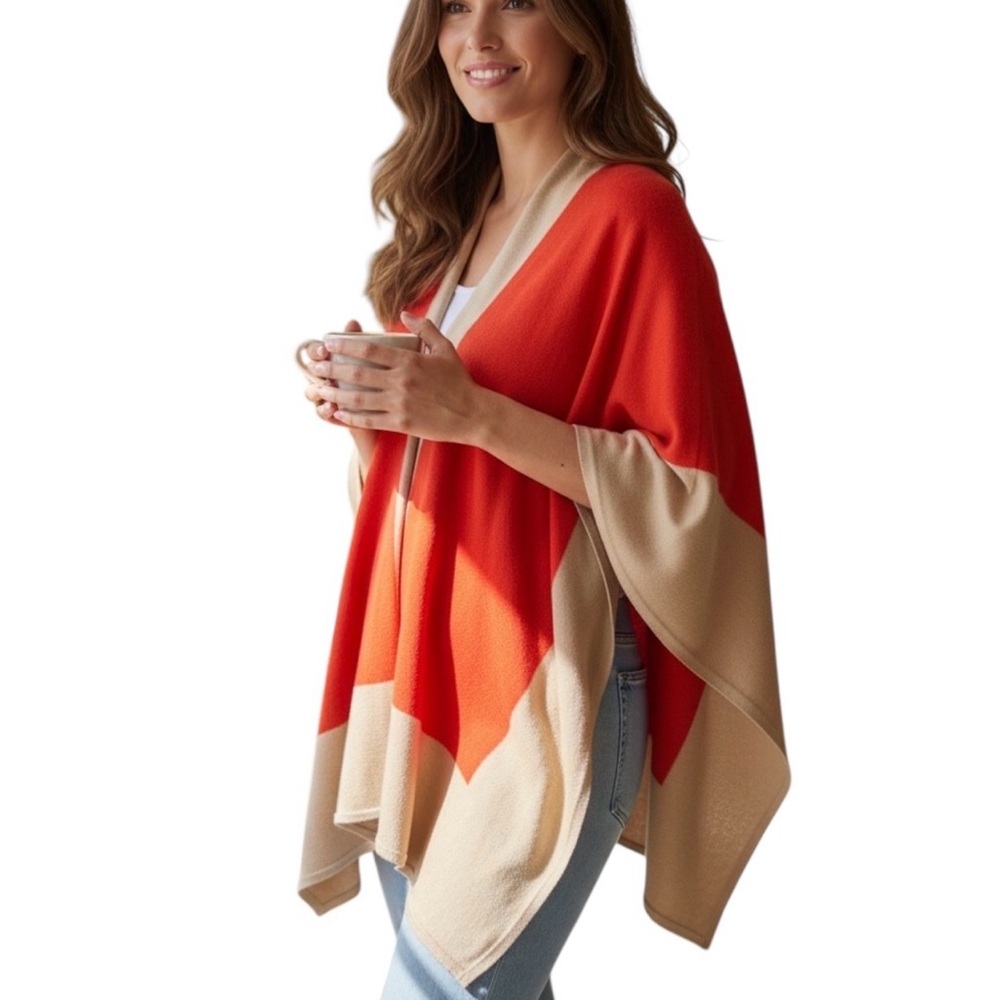 Ralph Lauren Tan and Orange Colorblock Knit Wool Blend Shawl - One Size